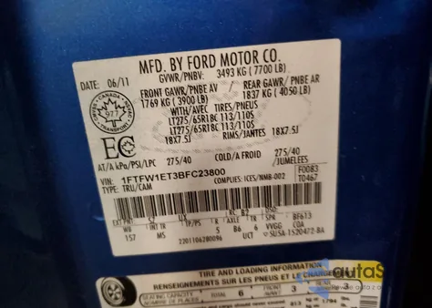 2011 Ford F150 Supercrew z USA, uszkodzony, nr VIN 1FTFW1ET3BFC23800